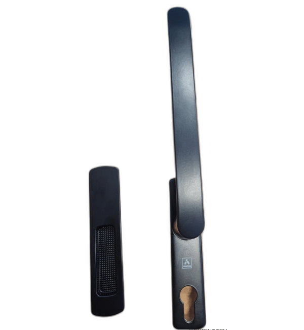 Modern black STAC/CORTIZO Atria handle set for lift and slide patio doors, ideal for premium architectural hardware applications.